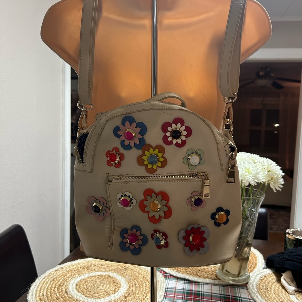 Floral Embellished Cream Boho Mini Backpack - Picture 2 of 16